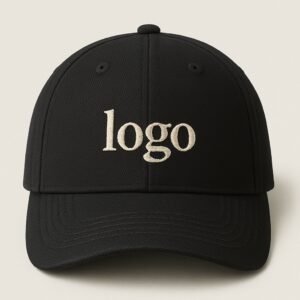 Black curved-brim cap with embroidered “logo” text in white on the front pane