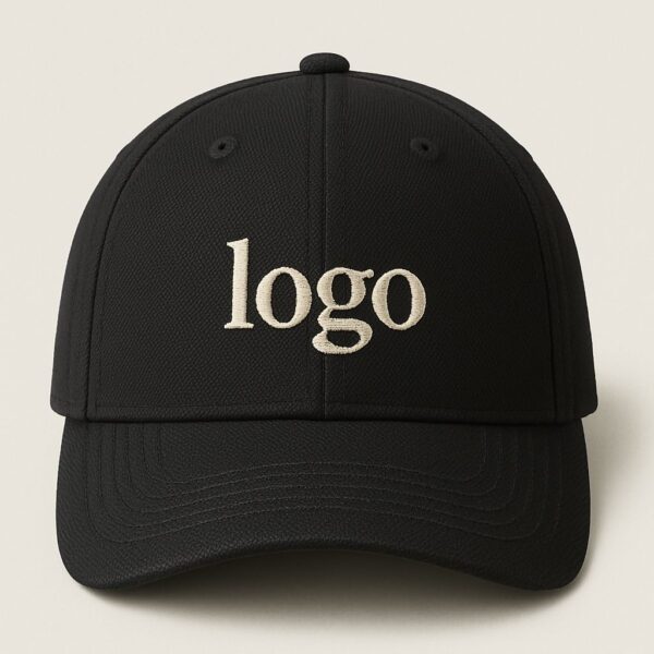 Black curved-brim cap with embroidered “logo” text in white on the front pane