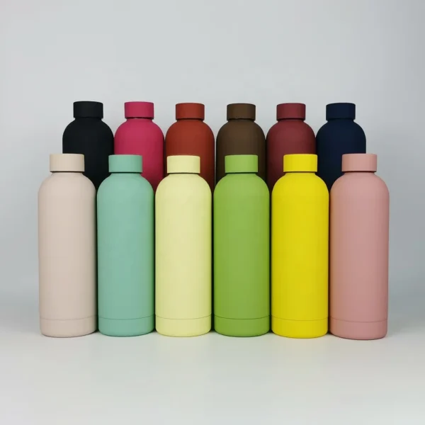 Row of 12 colorful reusable water bottles in matte finish, neatly arranged for display – eco-friendly accessories for branded merch and corporate gifting