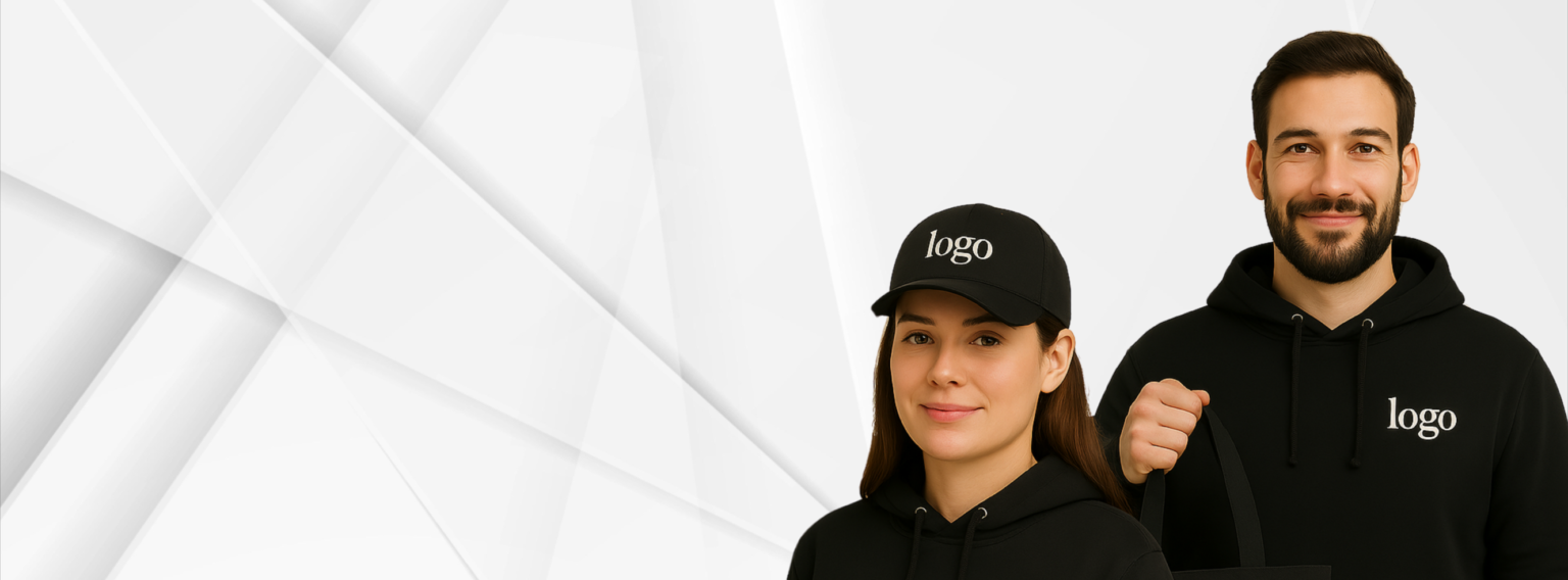 Man and woman wearing embroidered hoodie and cap by Stitch Clothing UK