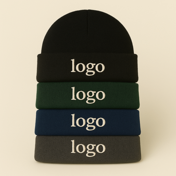 Stack of four embroidered beanies in black, bottle green, deep royal, and charcoal, displayed on a neutral background