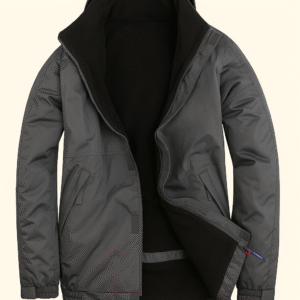 waterproof outdoor jacket with fleece lining, zip-up front, storm flap, and elasticated cuffs – laid flat on beige background