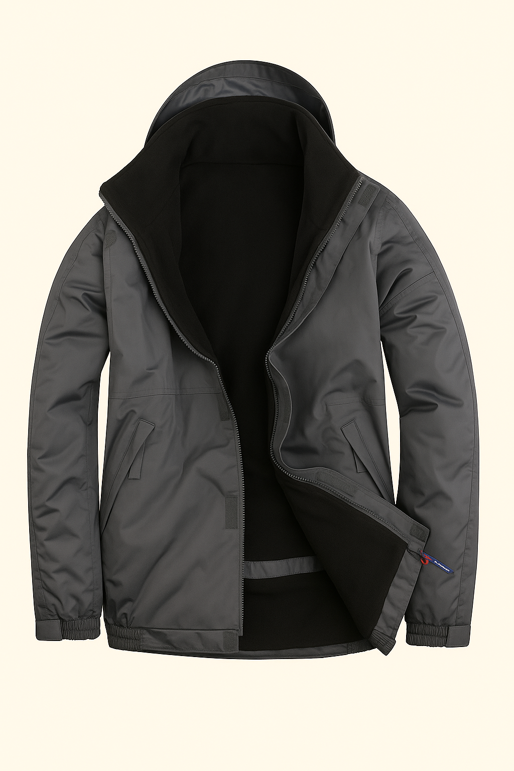 waterproof outdoor jacket with fleece lining, zip-up front, storm flap, and elasticated cuffs – laid flat on beige background