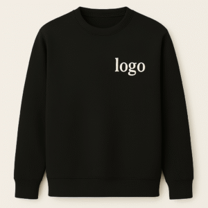 Black crewneck sweatshirt with embroidered logo on the chest, featuring ribbed collar and cuffs, laid flat on beige background