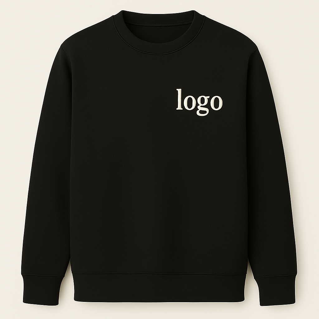 Black crewneck sweatshirt with embroidered logo on the chest, featuring ribbed collar and cuffs, laid flat on beige background