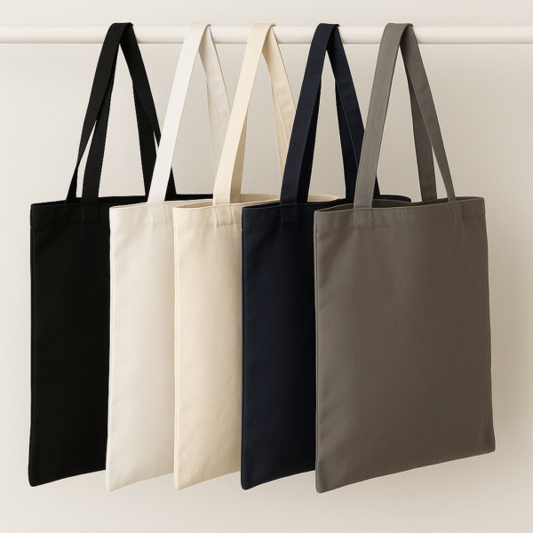 Five canvas tote bags in black, white, natural, navy, and mushroom colors hanging neatly on a white wooden rod against a neutral background